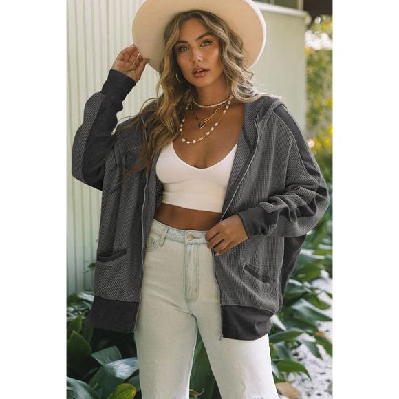 Azura Exchange  Gray Thermal Waffle Knit Full Zipper Hooded Jacket - Picture 4 of 6